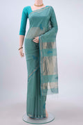 Blue Maheshwari Silk Cotton Saree with Thread Butta on the body and Zari Border displayed on a mannequin