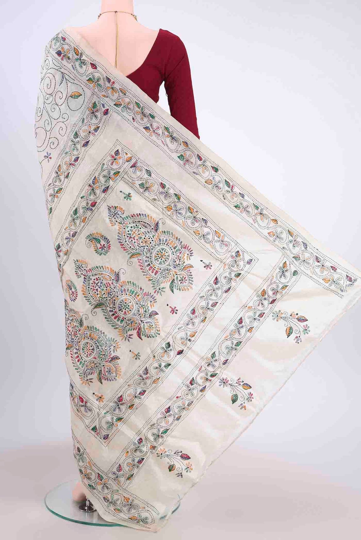 Flat view of Beige Kantha Silk Saree with Kantha Work on the body and Thread Border