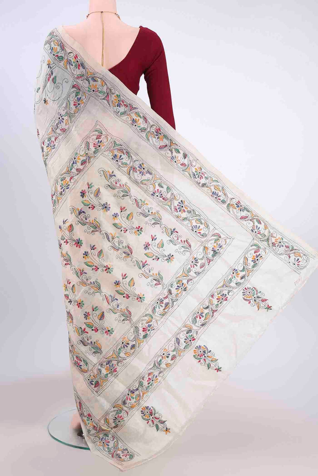 Flat view of Beige Kantha Silk Saree with Kantha Work on the body and Thread Border