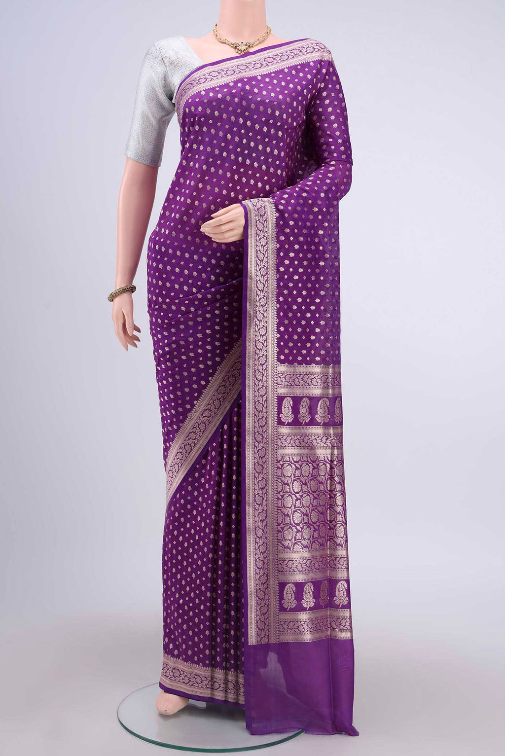 Purple Dual Tone Banarasi Silk Saree with Zari Brocade on the body and Zari Border displayed on a mannequin