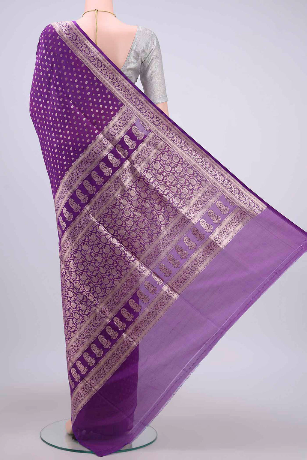 Flat view of Purple Dual Tone Banarasi Silk Saree with Zari Brocade on the body and Zari Border