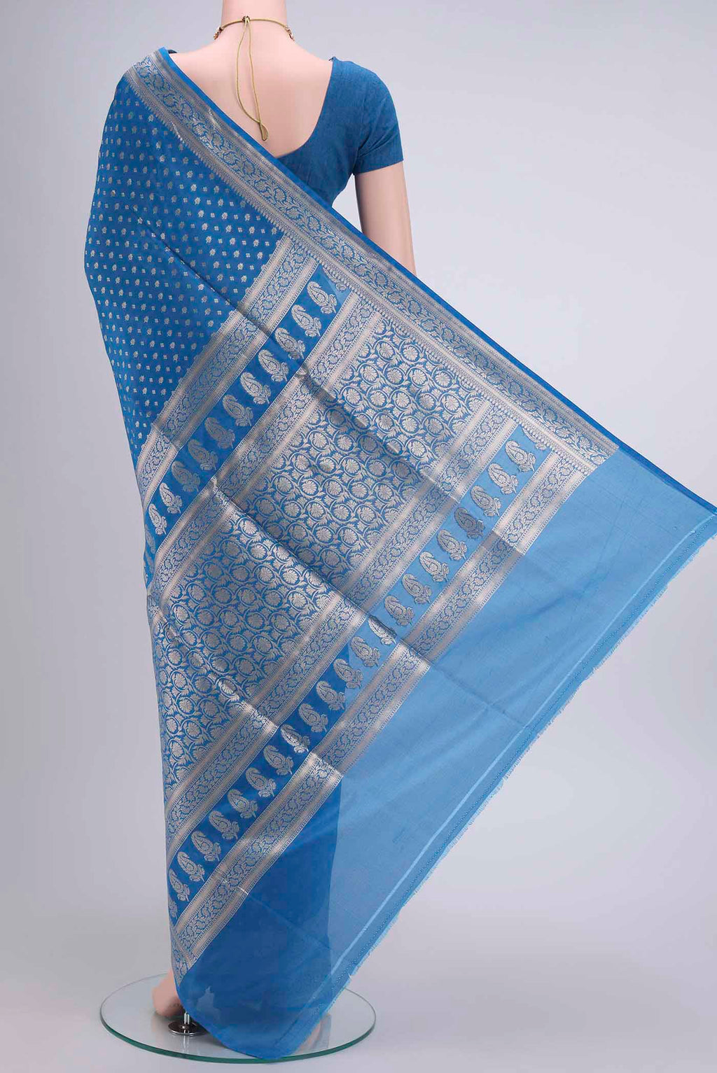 Flat view of Royal Blue Dual Tone Banarasi Silk Saree with Zari Brocade on the body and Zari Border