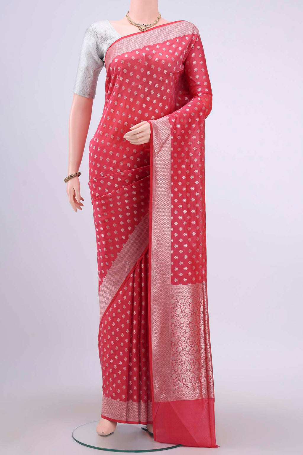 Imperial Red Dual Tone Banarasi Silk Saree with Zari Brocade on the body and Zari Border displayed on a mannequin