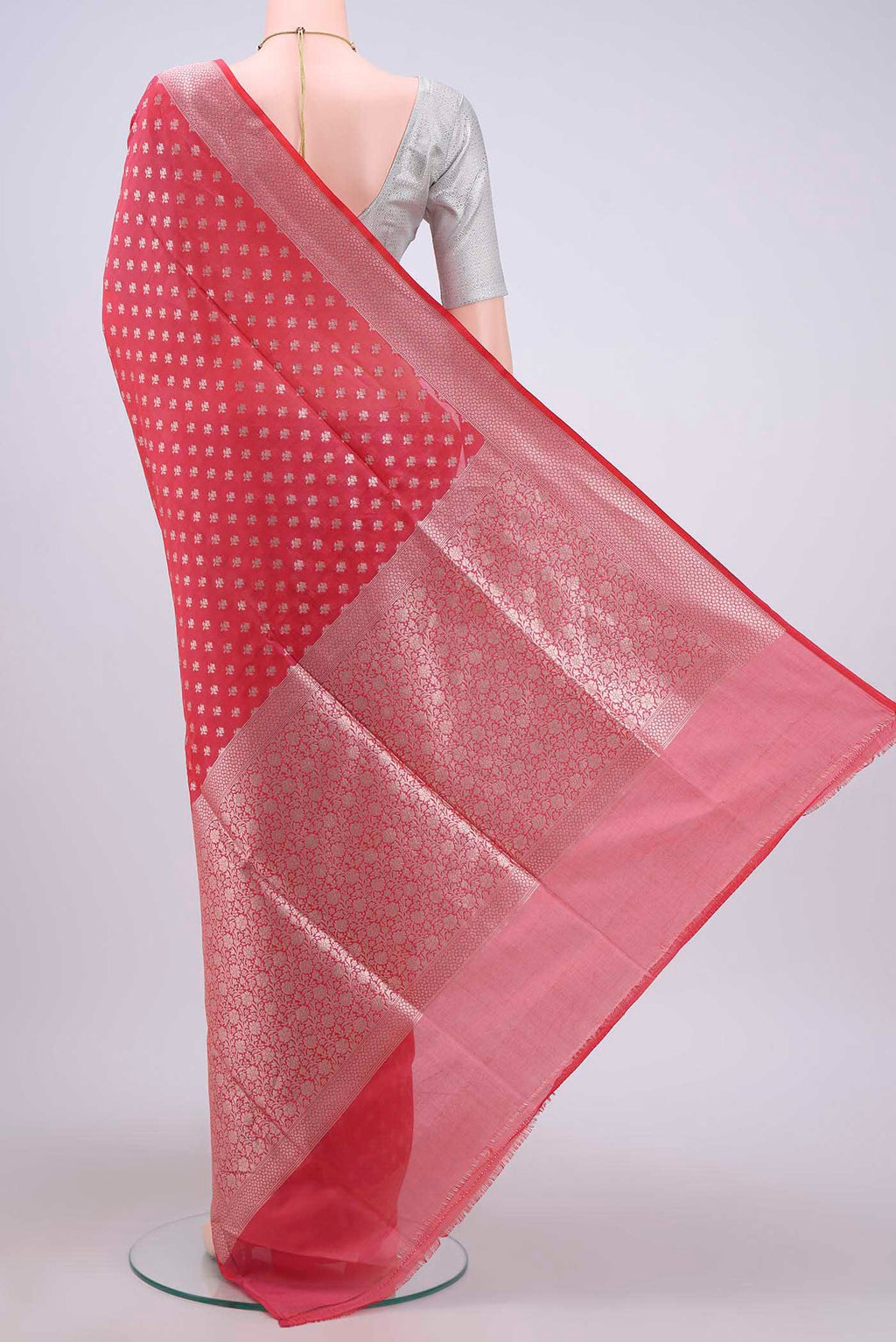 Flat view of Imperial Red Dual Tone Banarasi Silk Saree with Zari Brocade on the body and Zari Border