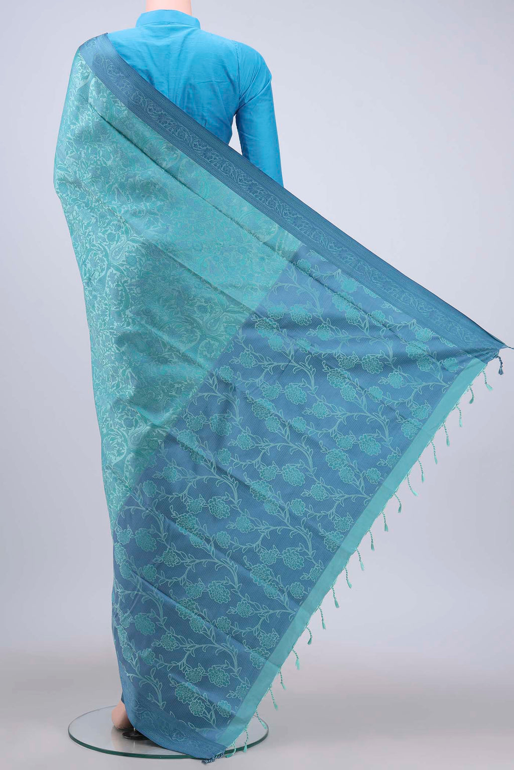 Flat view of Blue Soft Silk Saree with Jacquard design on the body and Thread Border