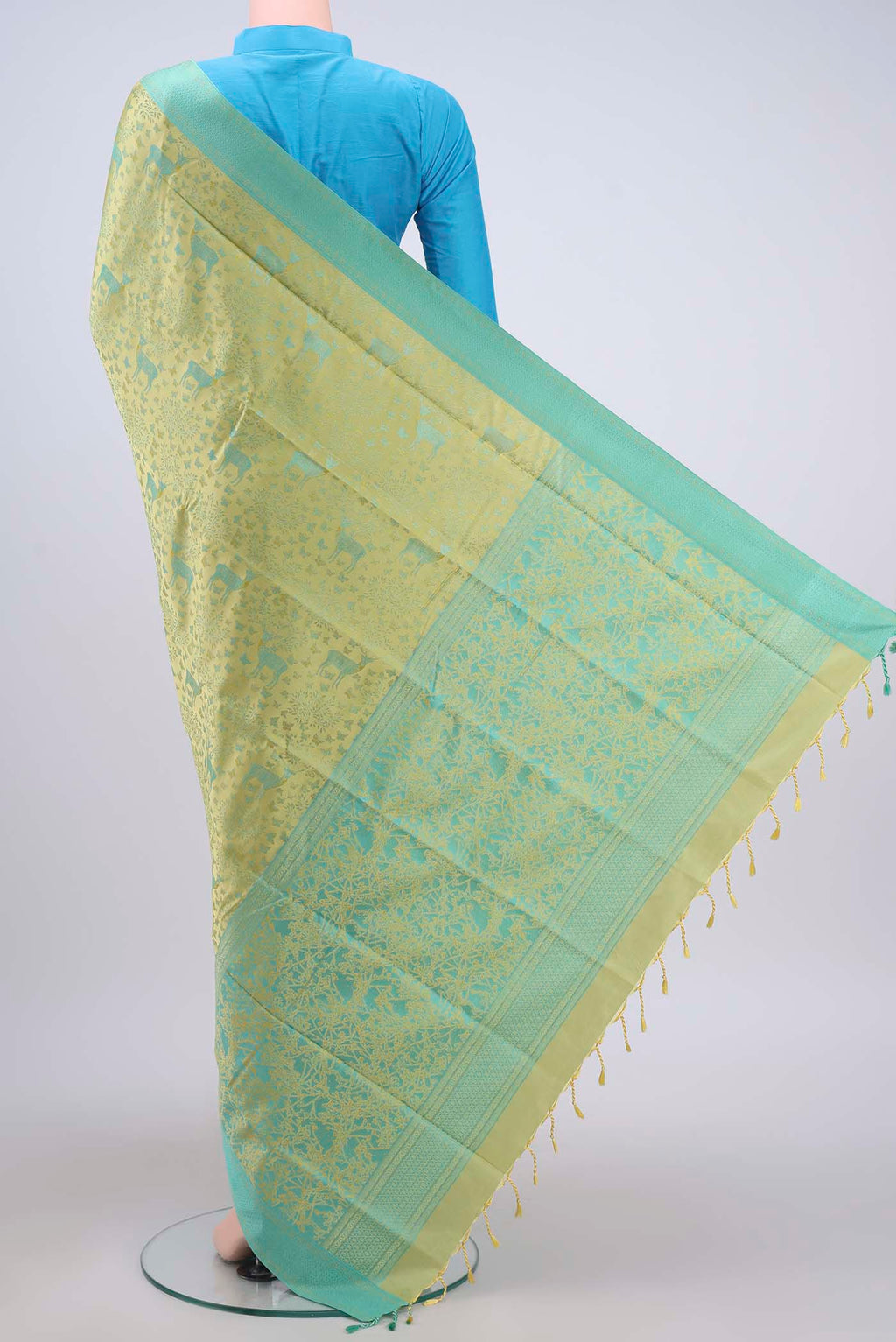 Flat view of Pista Green Soft Silk Saree with Jacquard design on the body and Thread Border