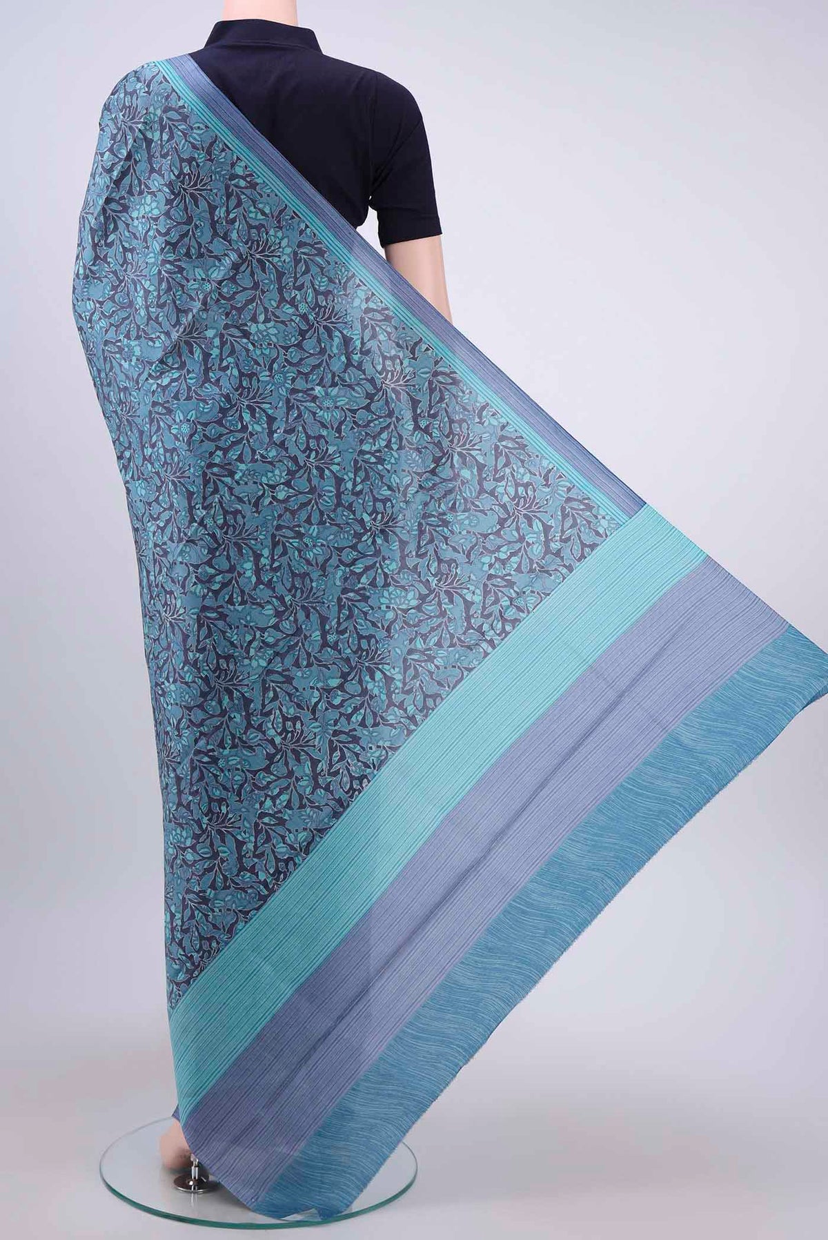 Flat view of Davys Grey Printed Silk Saree with Printed design on the body and Lace Border