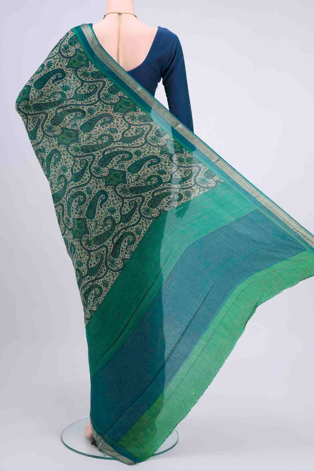 Flat view of Cream Mysore Crepe Saree with Floral Print on the body and Zari Border