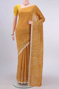 Yellow Tussar Silk Saree with Printed design on the body and Printed Border displayed on a mannequin