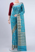 Blue Banarasi Raw Silk Saree with Zari And Thread Butta on the body and Zari Border displayed on a mannequin