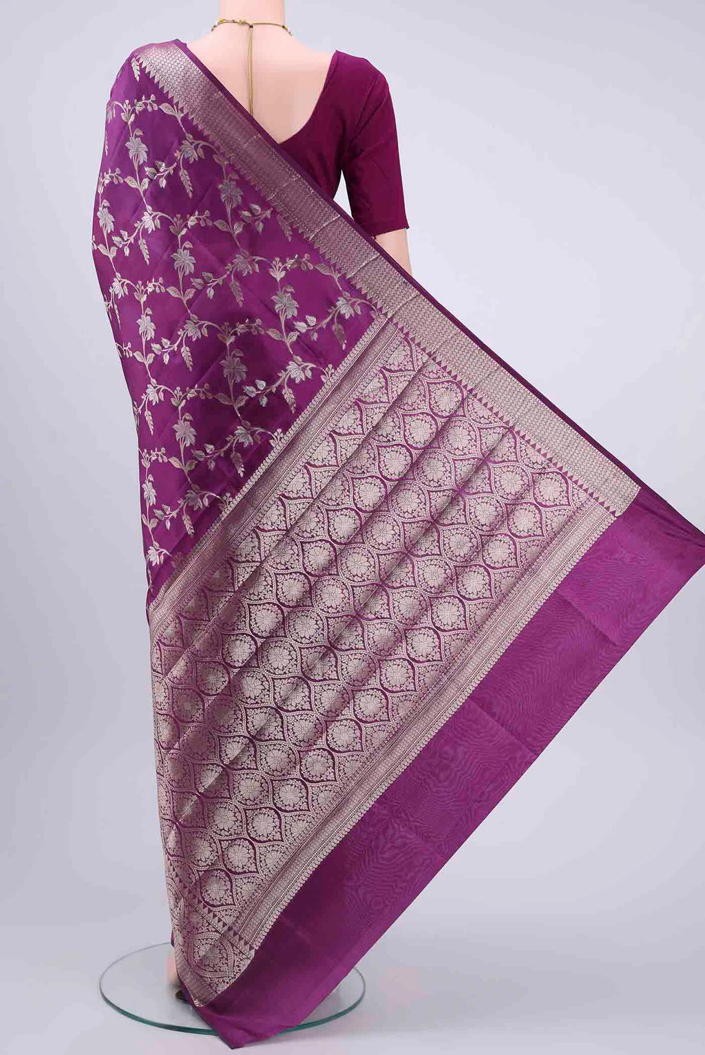 Flat view of Violet Banarasi Raw Silk Saree with Zari Butta on the body and Zari Border