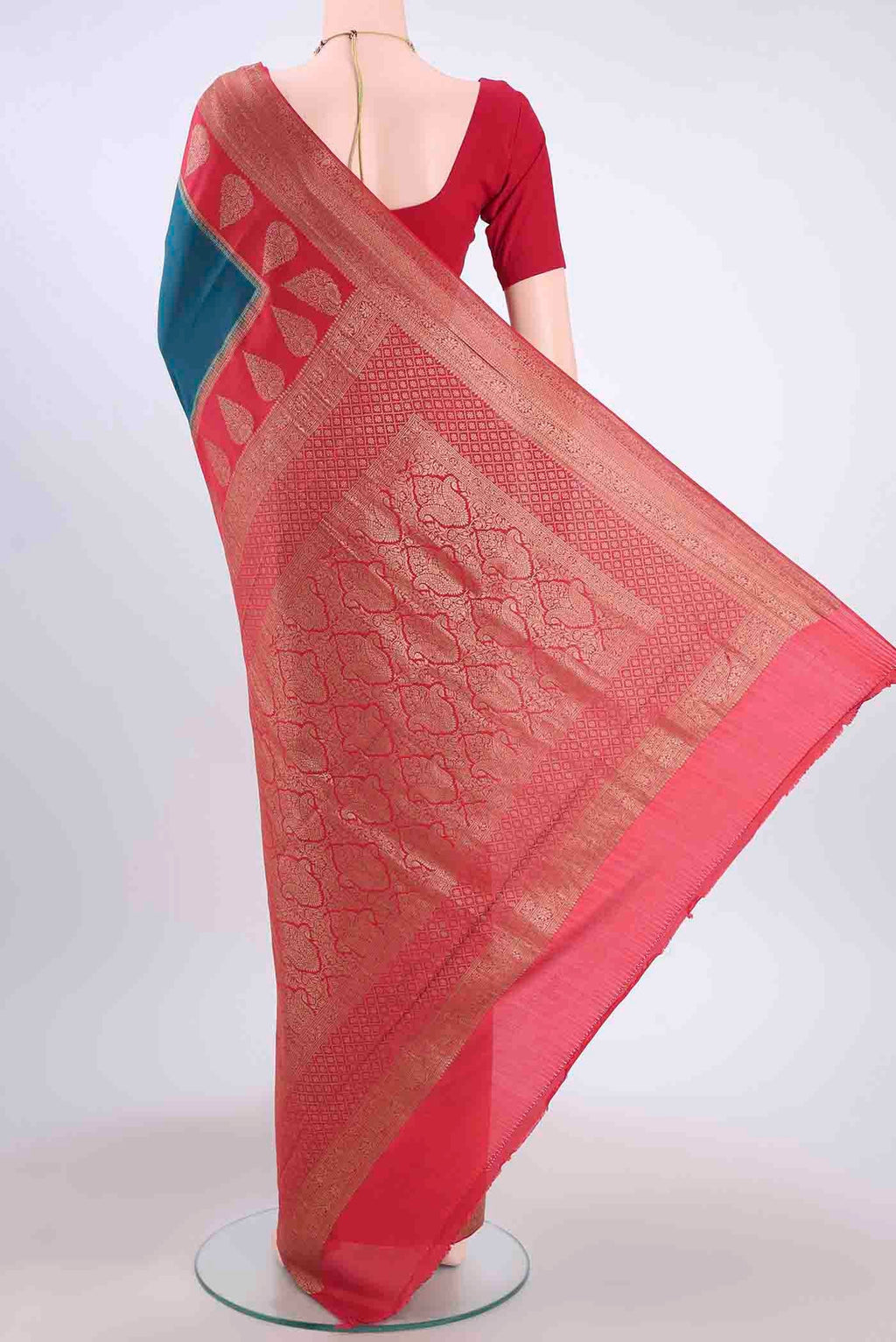 Flat view of Dark Blue Mysore Crepe Saree with Plain Body and Zari Border