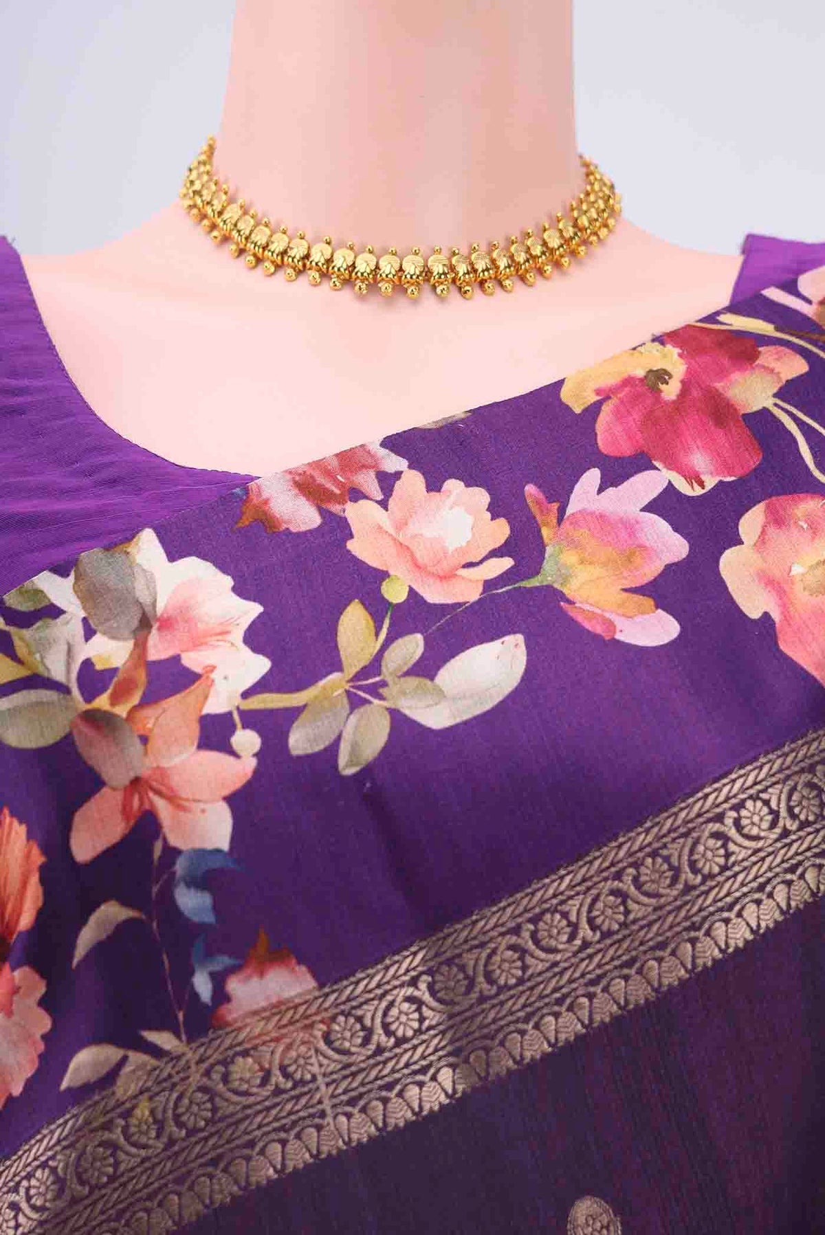Border image of Purple Tussar Silk Saree with Zari Butta on the body and Printed Border