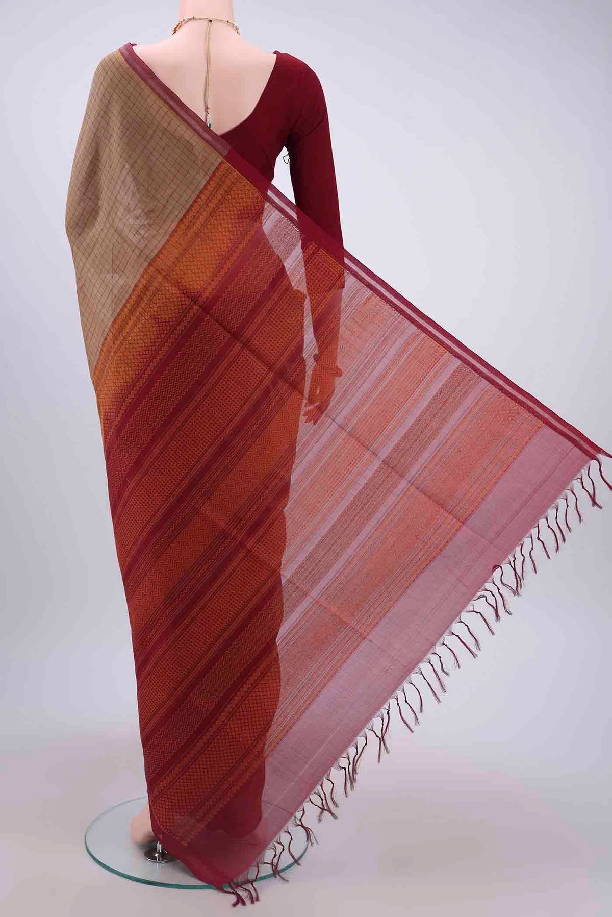 Flat view of Beige Coimbatore Silk Cotton Saree with Checked design on the body and Plain Border