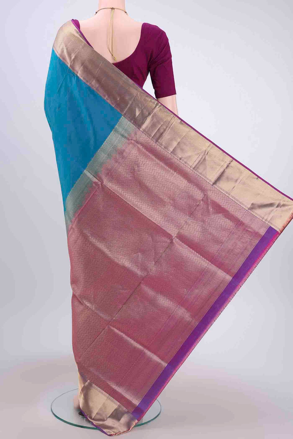 Flat view of Blue Dual Tone Soft Silk Saree with Plain Body and Zari Border