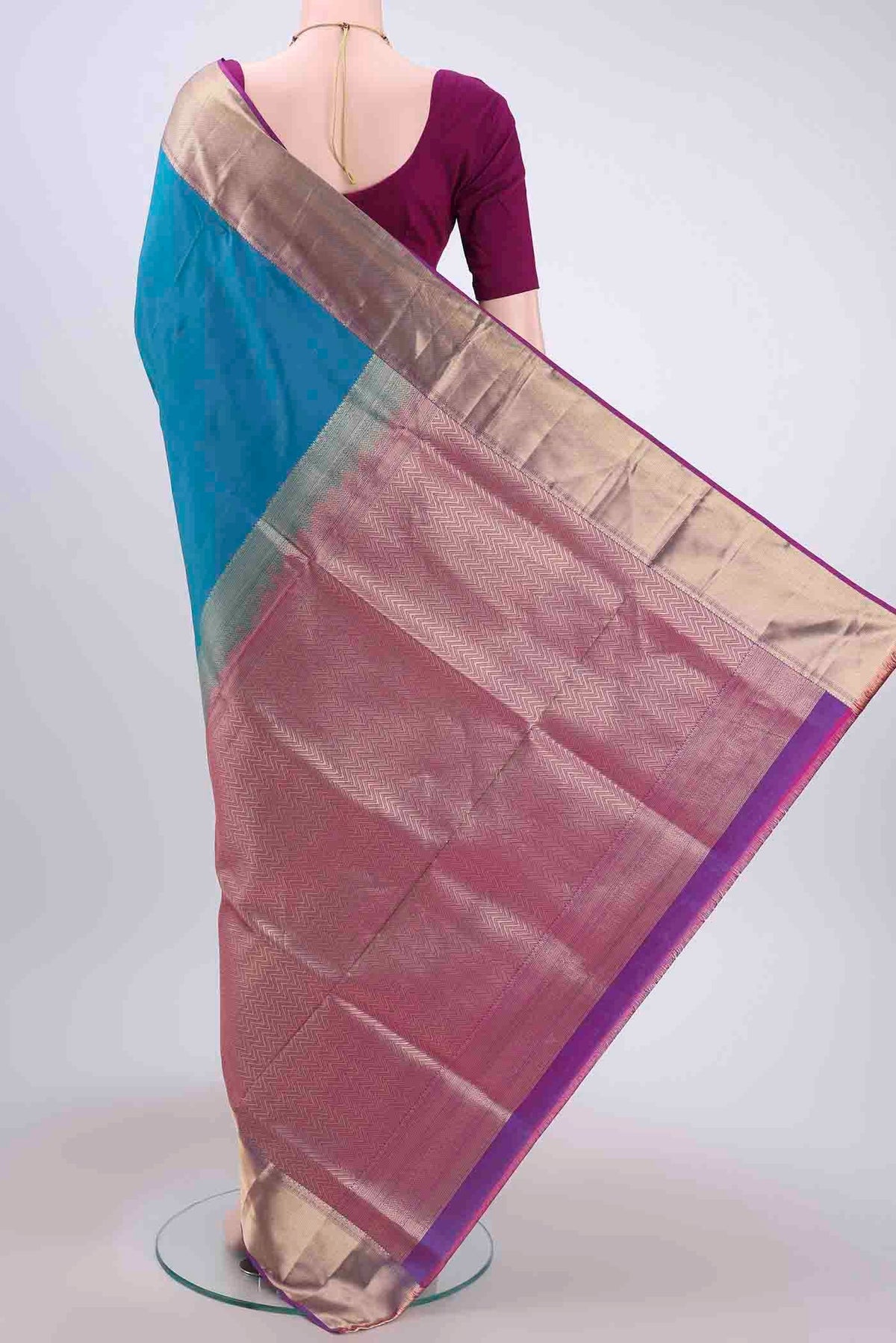 Flat view of Blue Dual Tone Soft Silk Saree with Plain Body and Zari Border