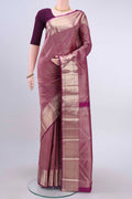 Purple Kanchipuram Saree with Zari Brocade on the body and Zari Border displayed on a mannequin