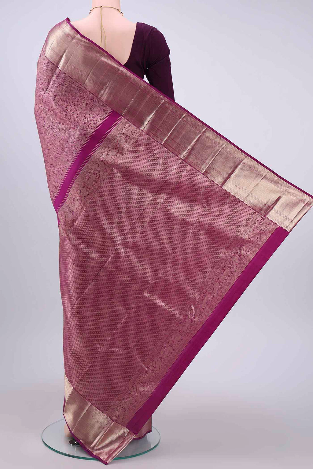 Flat view of Purple Kanchipuram Saree with Zari Brocade on the body and Zari Border