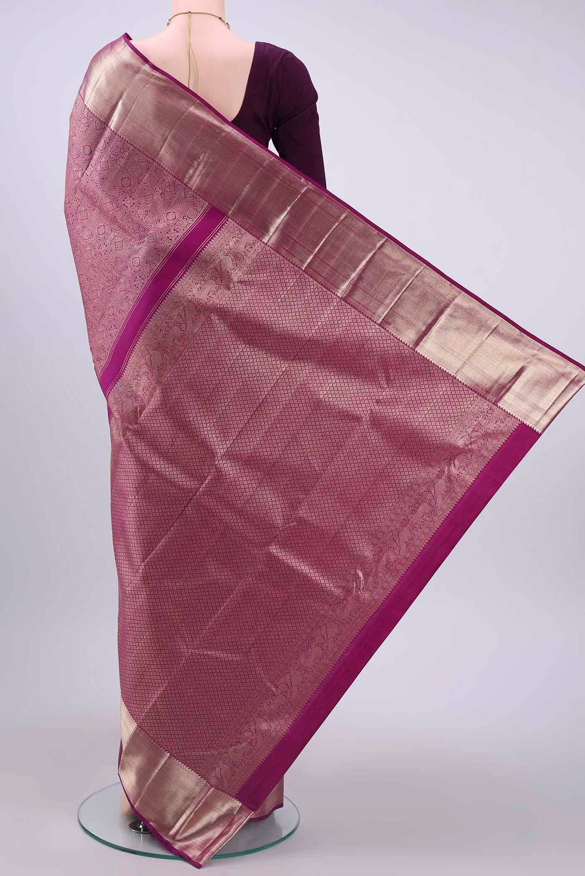 Flat view of Purple Kanchipuram Saree with Zari Brocade on the body and Zari Border