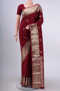 Maroon Kanchipuram Saree with Zari Butta on the body and Zari Border displayed on a mannequin