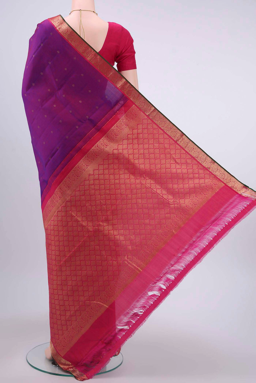 Flat view of Purple Nangavalli Silk [ Salem ] Saree with Zari Butta on the body and Zari Border