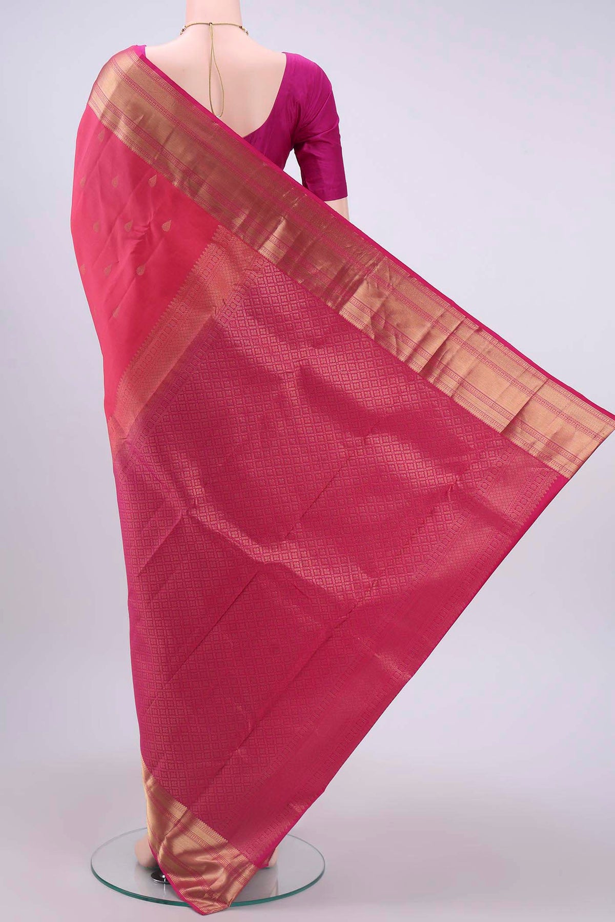 Flat view of Pink Nangavalli Silk [ Salem ] Saree with Zari Butta on the body and Zari Border