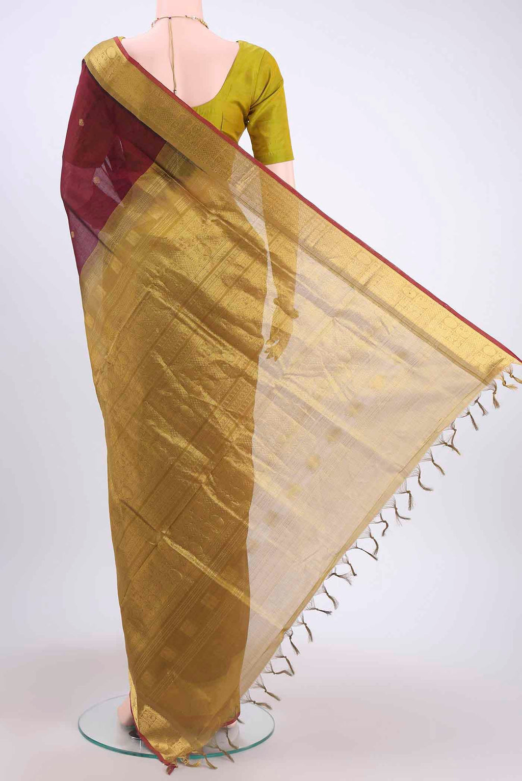 Flat view of Maroon Blended Coimbatore Silk Cotton Saree with Zari Butta on the body and Zari Border
