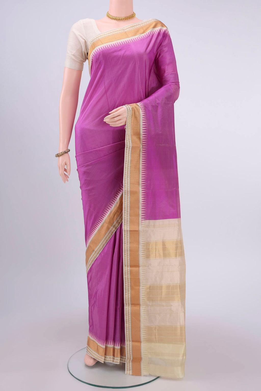 Lavender Bangalore Silk - kadyal Saree with Plain Body and Zari Border displayed on a mannequin
