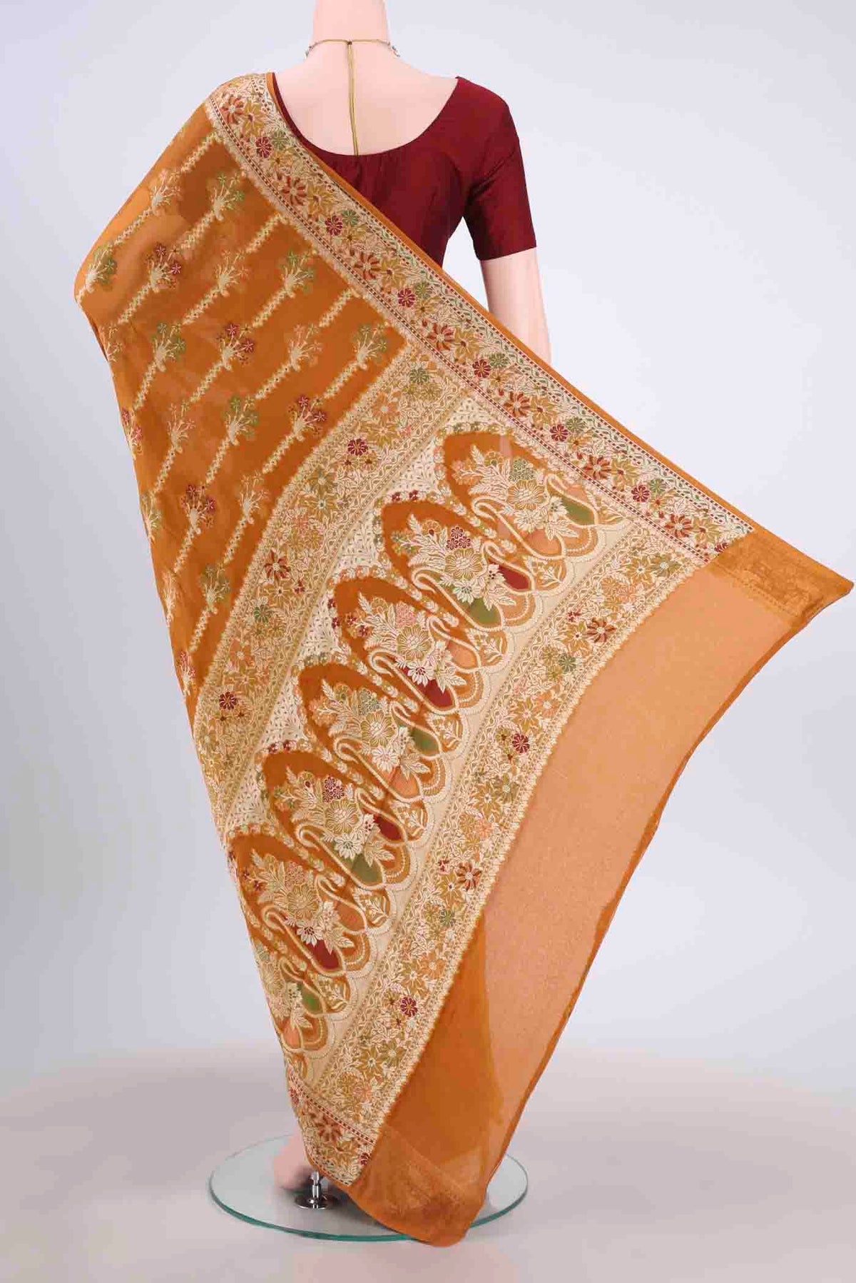 Flat view of Brown Mysore Georgette Saree with Thread Brocade on the body and Thread Border