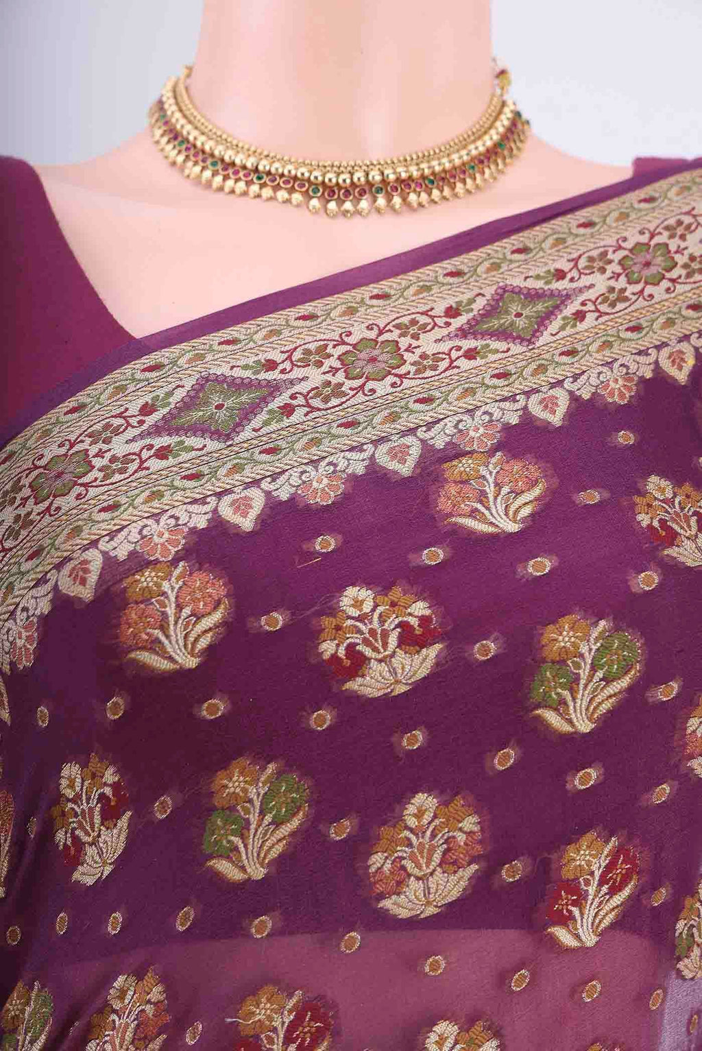 Border image of Magenta Mysore Georgette Saree with Thread Brocade on the body and Thread Border