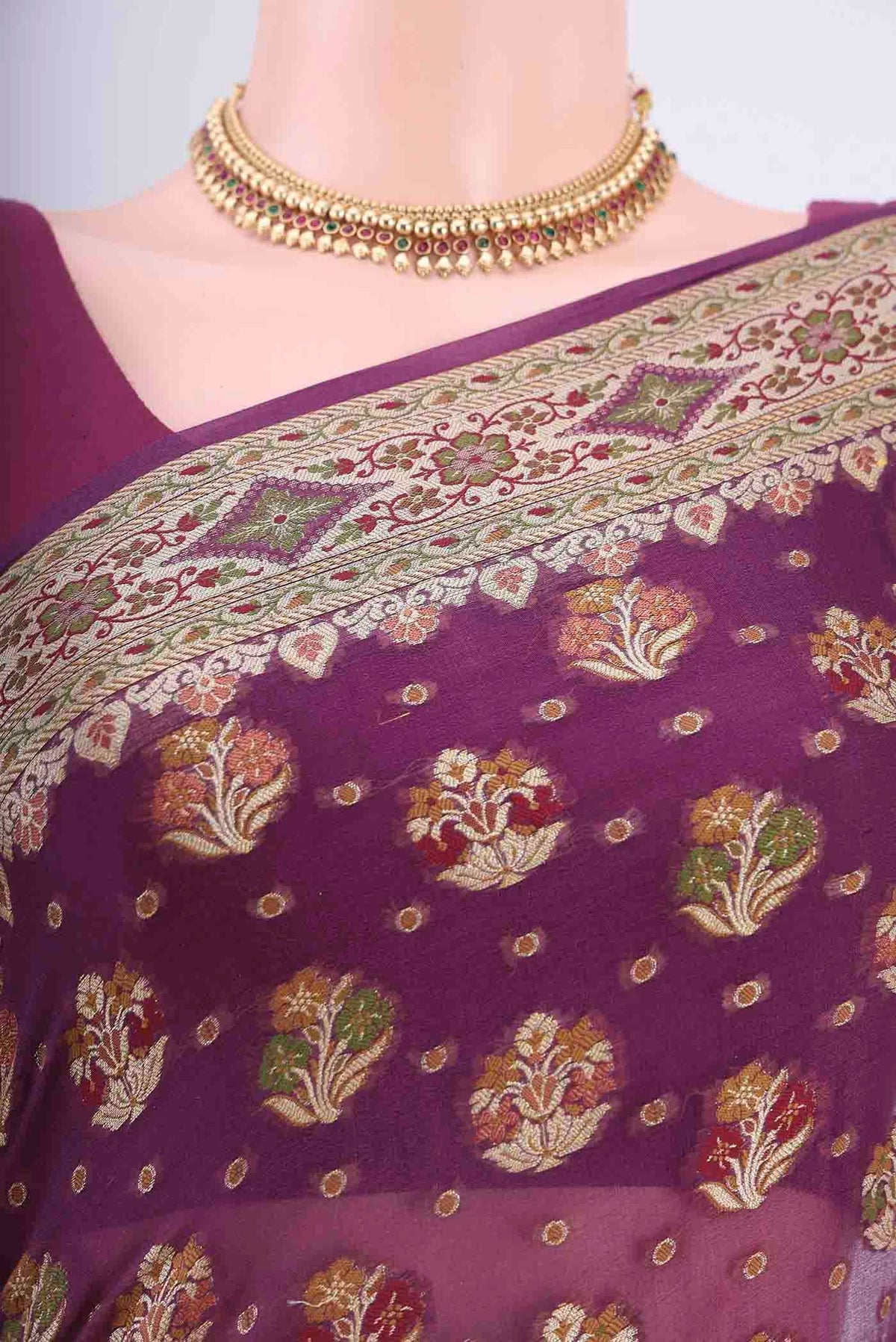Border image of Magenta Mysore Georgette Saree with Thread Brocade on the body and Thread Border