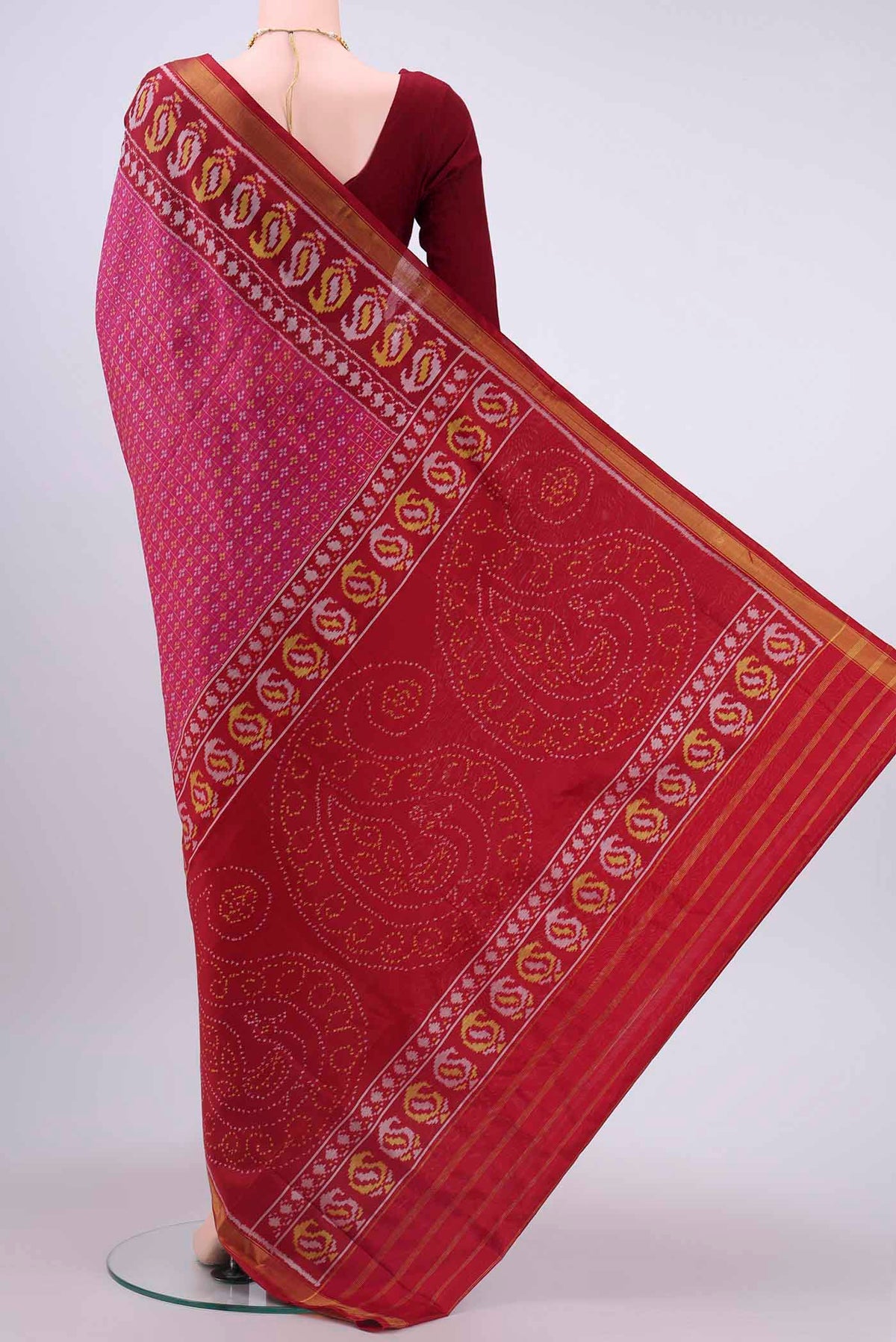 Flat view of Pink Rajkot Patola Silk Saree with Pure Ikat on the body and Zari Border
