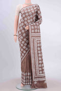 Brown Kantha Silk Saree with Kantha Work on the body and Thread Border displayed on a mannequin