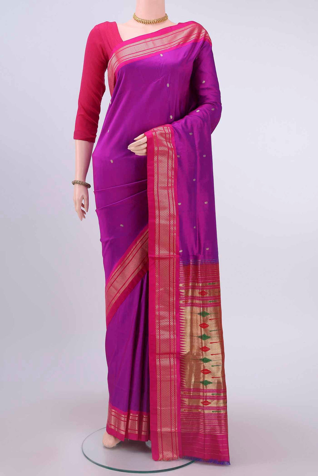 Purple Paithani Silk Saree with Zari Butta on the body and Zari Border displayed on a mannequin