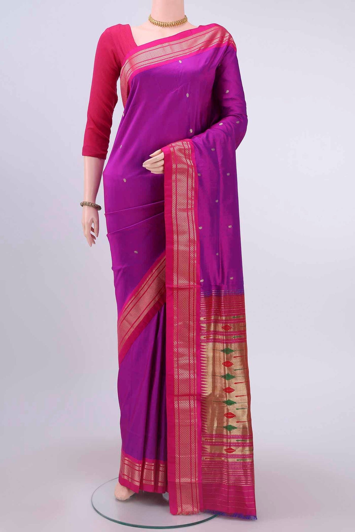 Purple Paithani Silk Saree with Zari Butta on the body and Zari Border displayed on a mannequin