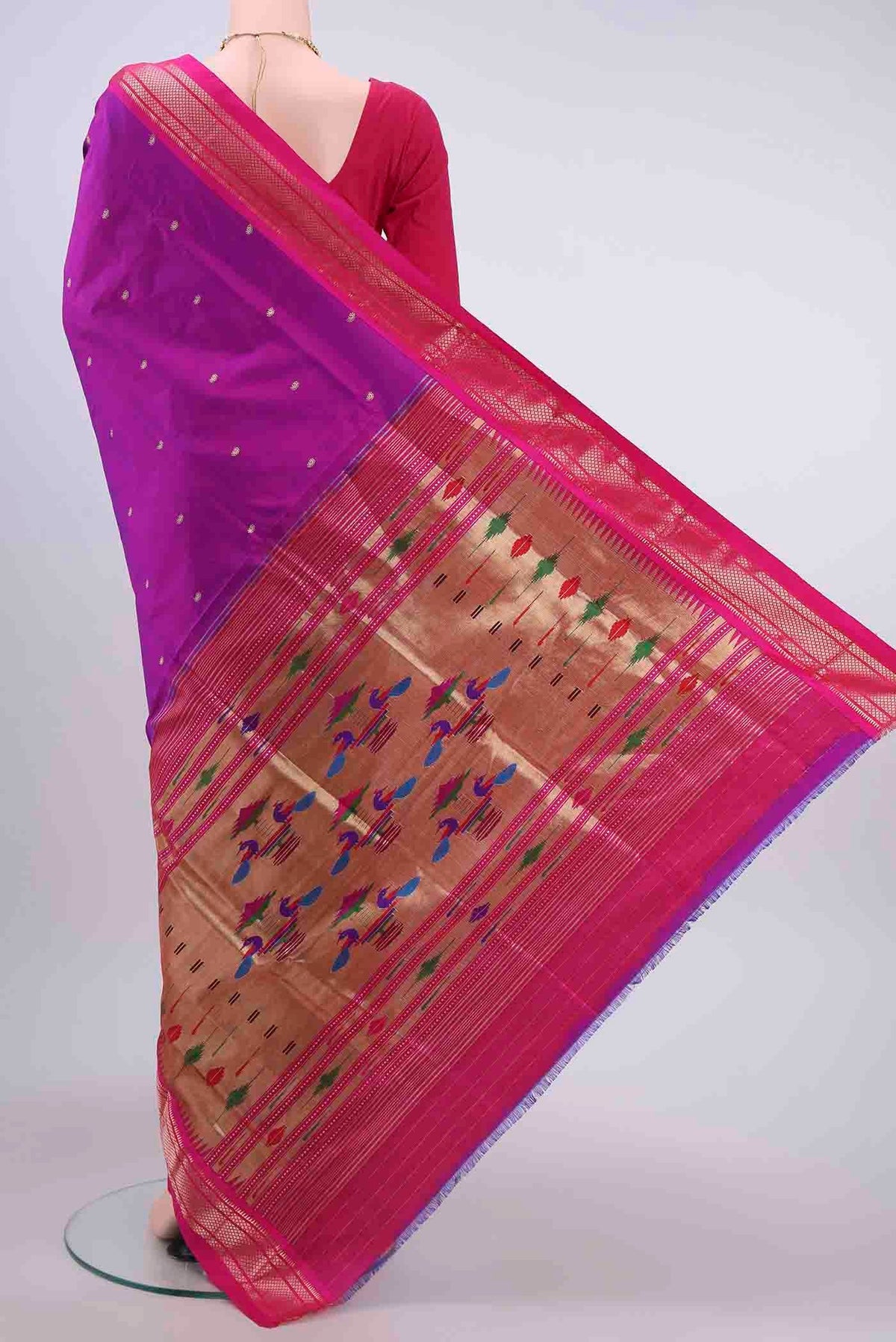 Flat view of Purple Paithani Silk Saree with Zari Butta on the body and Zari Border