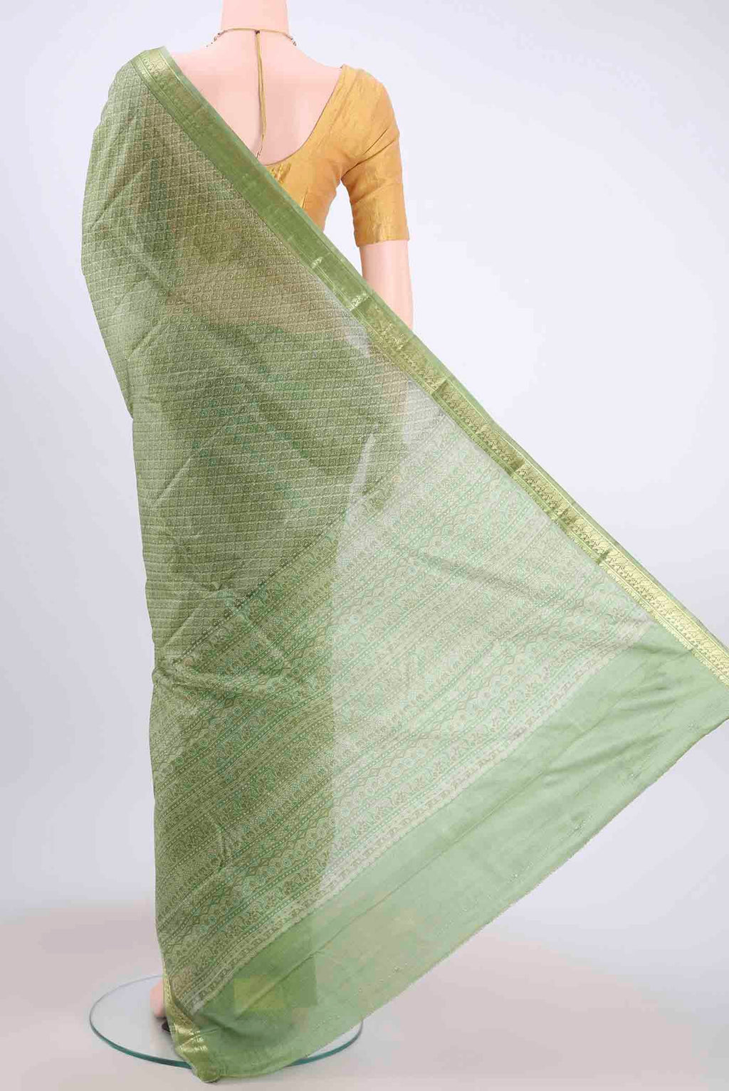 Flat view of Light Green Printed Silk Saree with Floral Print on the body and Zari Border