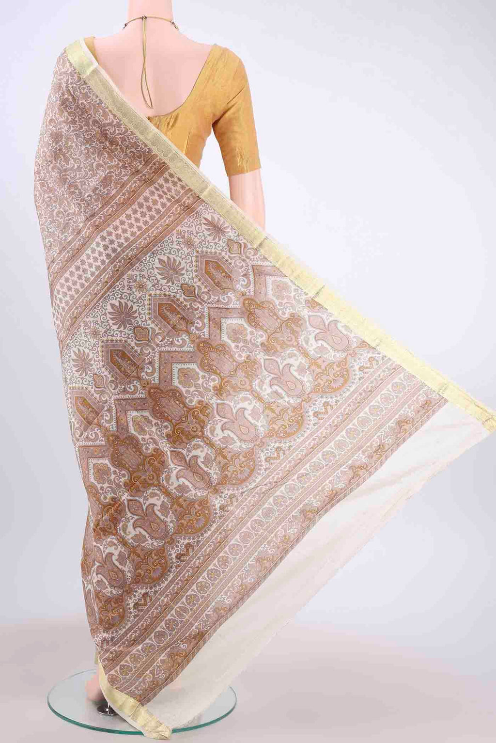 Flat view of Off White Printed Silk Saree with Floral Print on the body and Zari Border