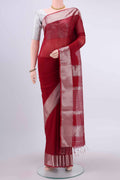 Maroon Maheshwari Silk Cotton Saree with Plain Body and Zari Border displayed on a mannequin