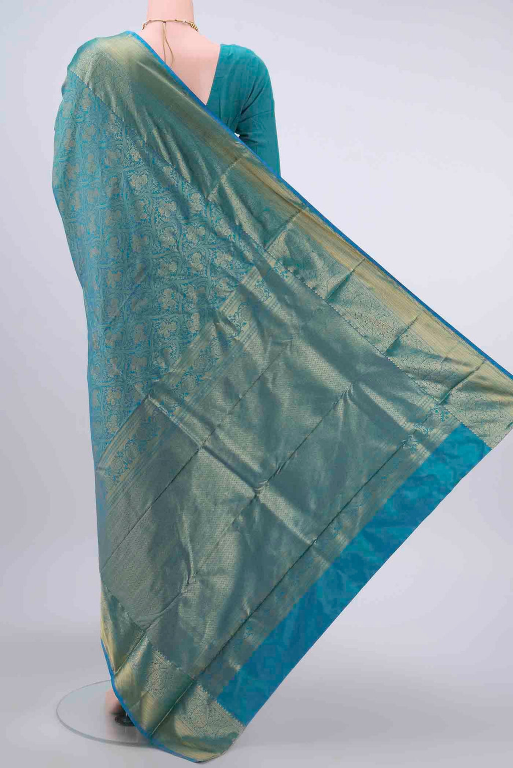 Flat view of Blue Bangalore Silk Saree with Zari Brocade on the body and Zari Border