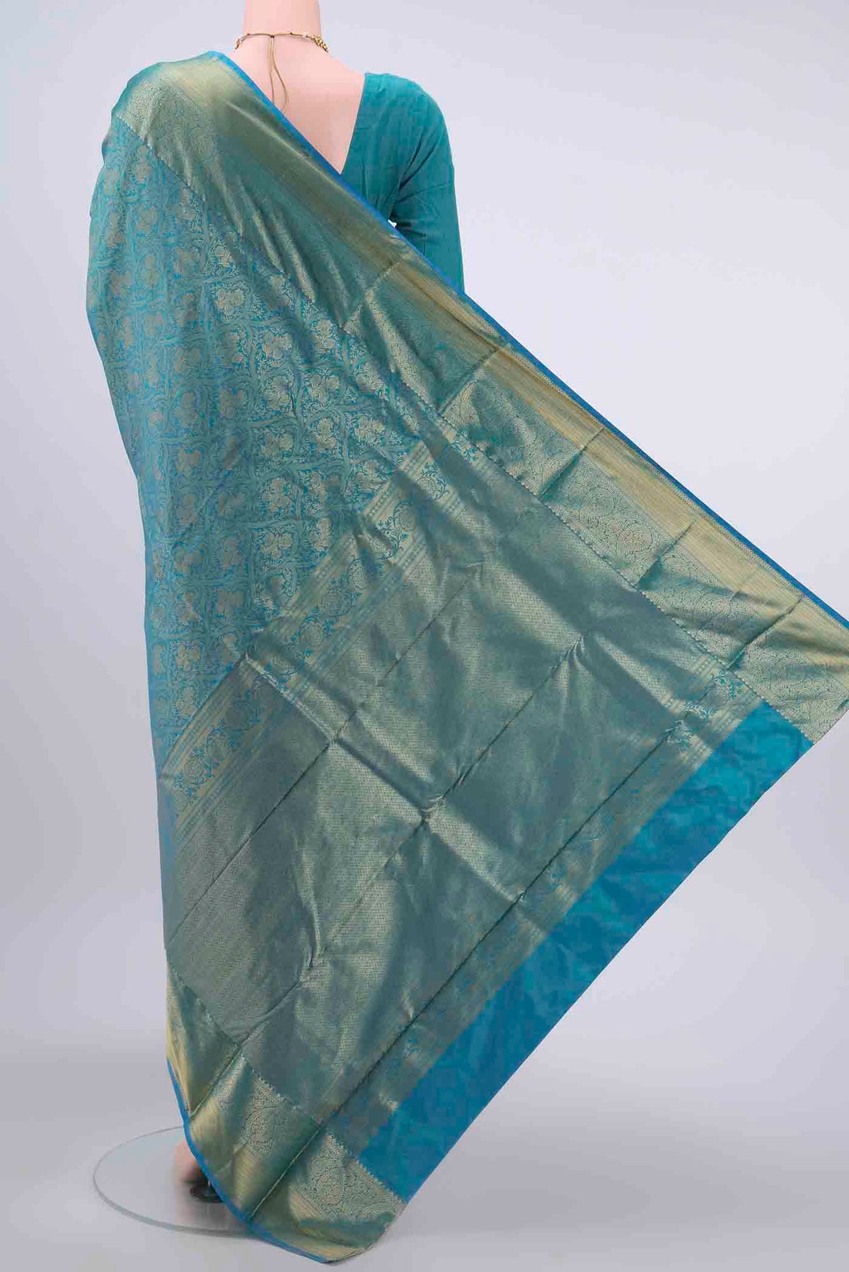 Flat view of Blue Bangalore Silk Saree with Zari Brocade on the body and Zari Border