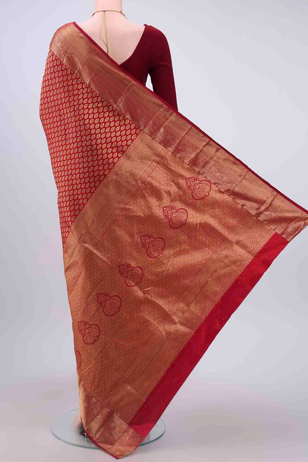 Flat view of Maroon Bangalore Silk Saree with Zari Brocade on the body and Zari Border