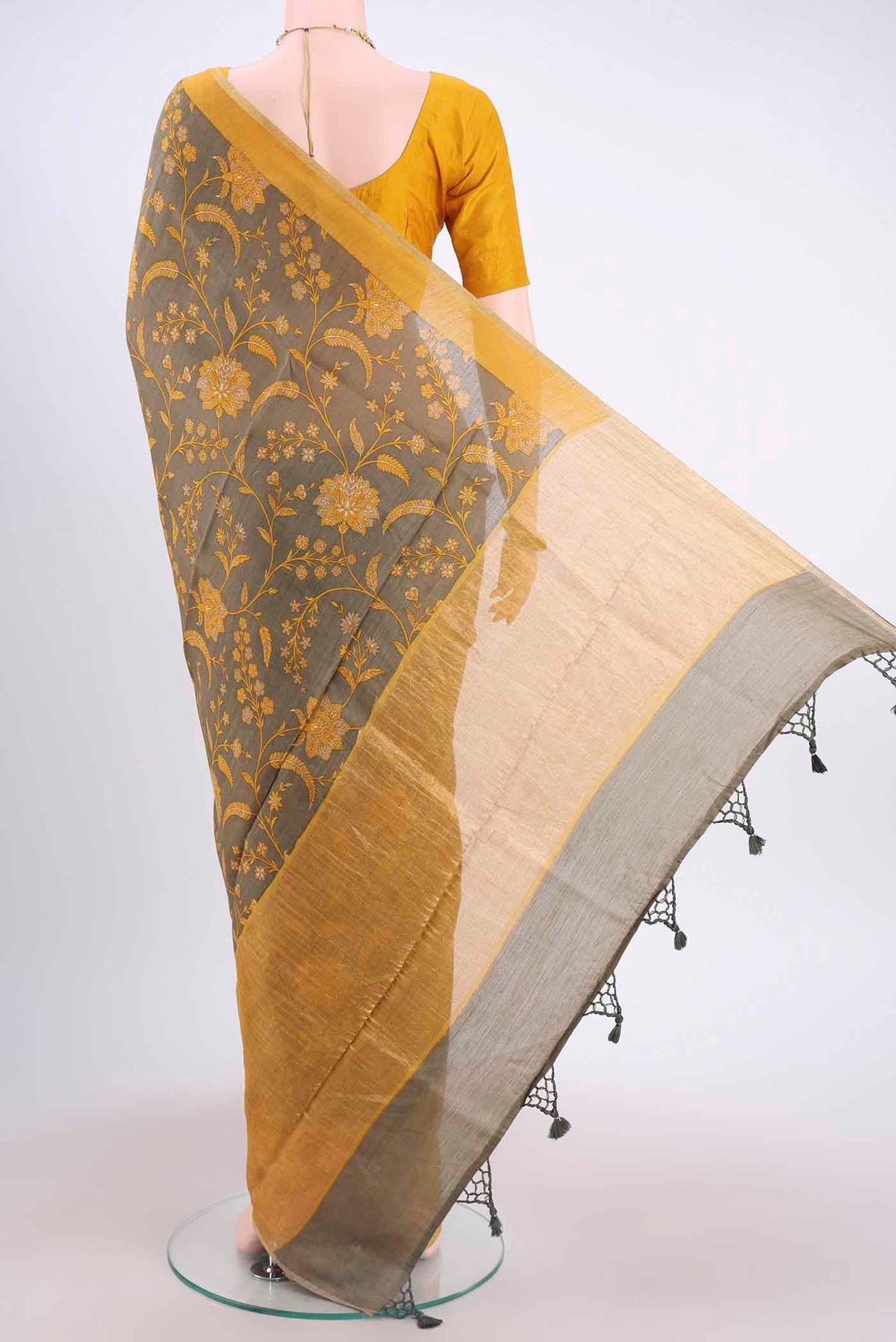 Flat view of Davys Grey Dual Tone Tussar Silk Saree with Printed design on the body and Thread Border