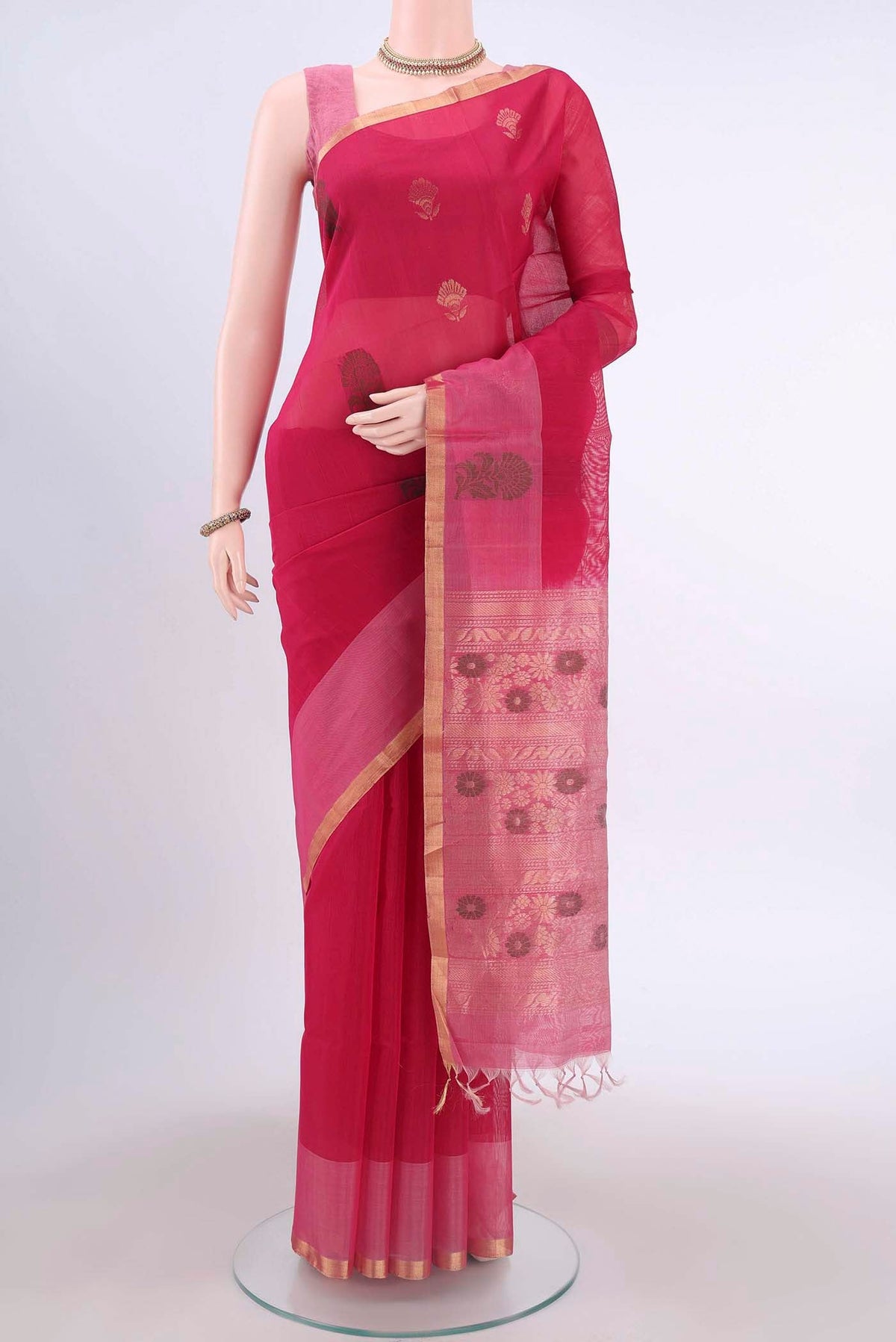 Dark Pink Kora Cotton Saree with Zari Butta on the body and Zari Border displayed on a mannequin