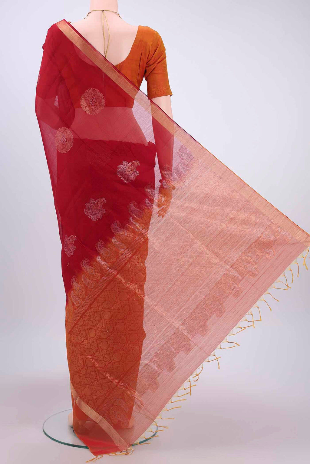 Flat view of Red Silk Cotton Saree with Zari Butta on the body and Zari Border