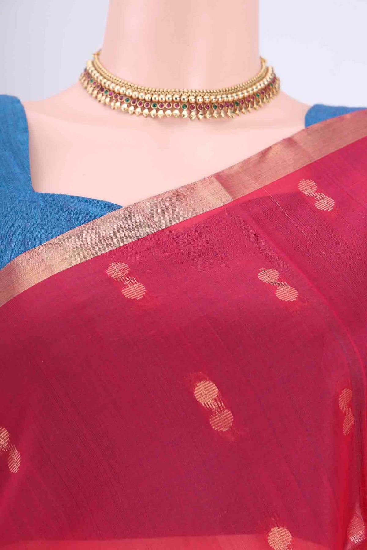 Border image of Imperial Red Kora Cotton Saree with Zari Butta on the body and Zari Border