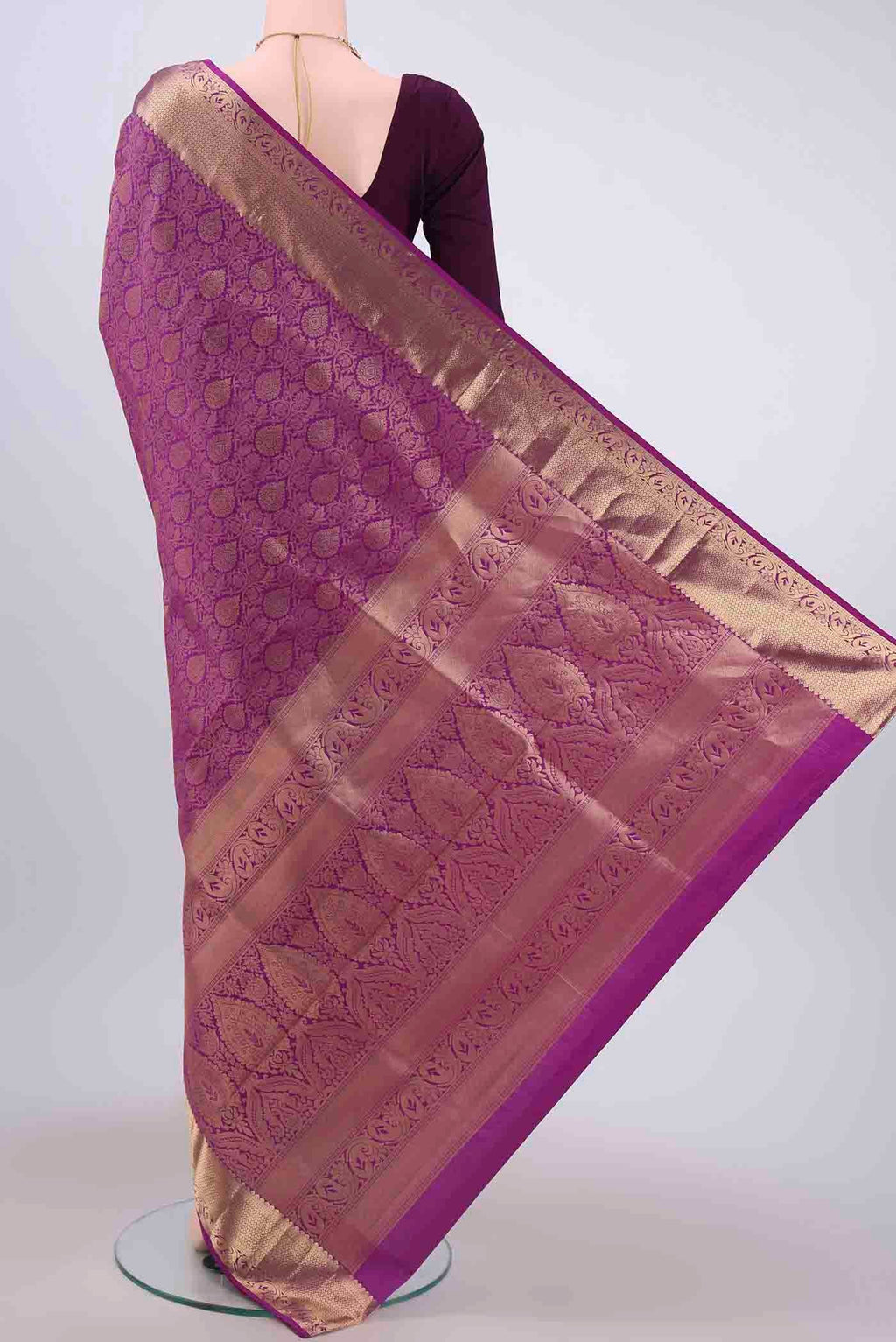 Flat view of Purple Soft Silk Saree with Jacquard With Zari Butta on the body and Zari Border