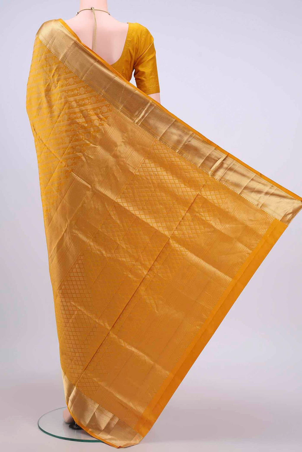 Flat view of Mustard Dual Tone Soft Silk Saree with Jacquard With Zari Butta on the body and Zari Border
