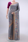 Blue Grey Uppada Silk Saree with Zari Butta on the body and Zari Border displayed on a mannequin