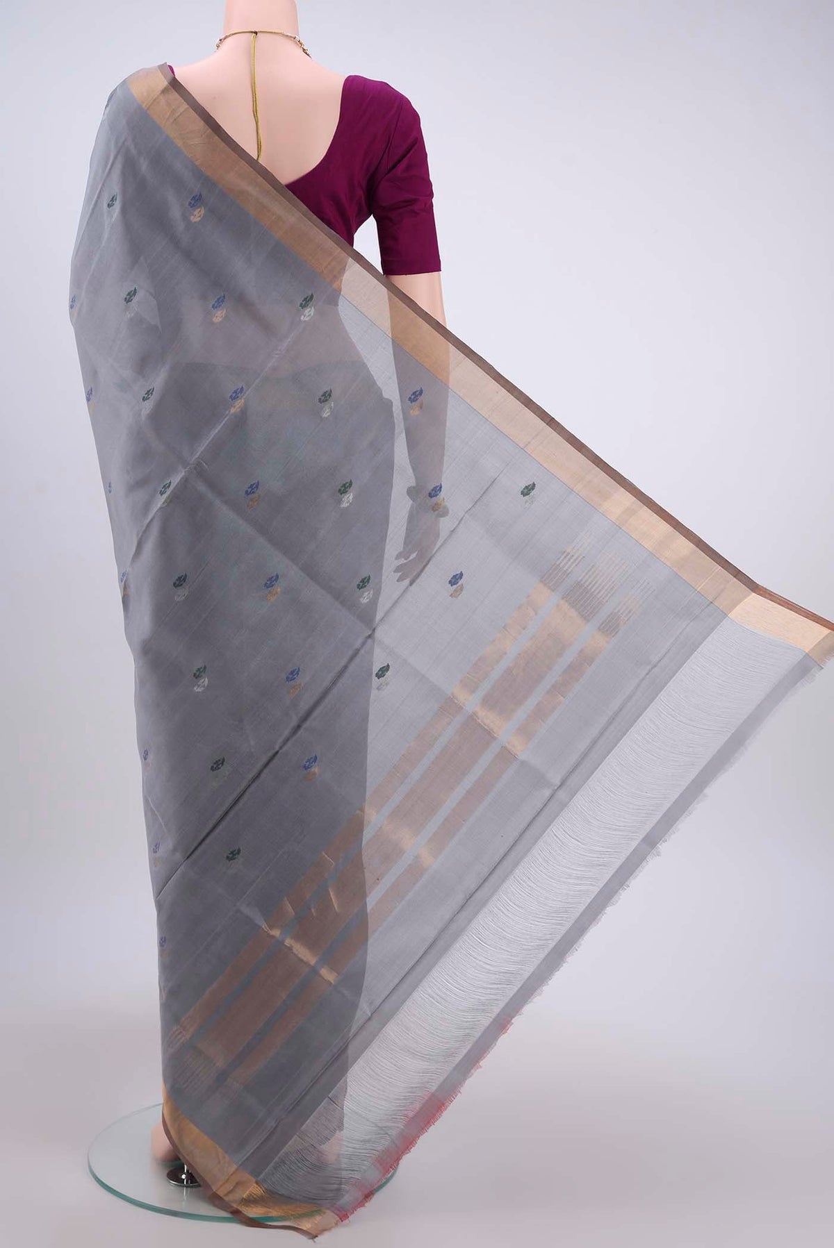 Flat view of Blue Grey Uppada Silk Saree with Zari Butta on the body and Zari Border